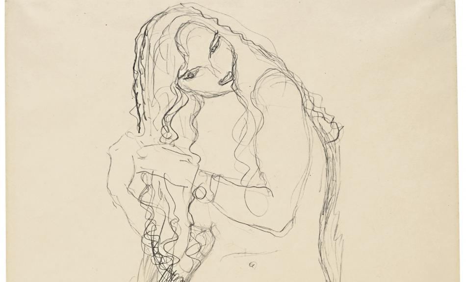 Gustav Klimt, Stehender weiblicher Akt mit geneigtem Kopf. Studie zu »Adam und Eva«, um 1917 © Leopold Museum, Wien, Inv. 1321