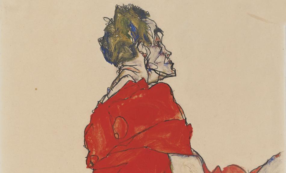 Egon Schiele, Selbstdarstellung mit rotem Tuch, 1913 © Privatbesitz
